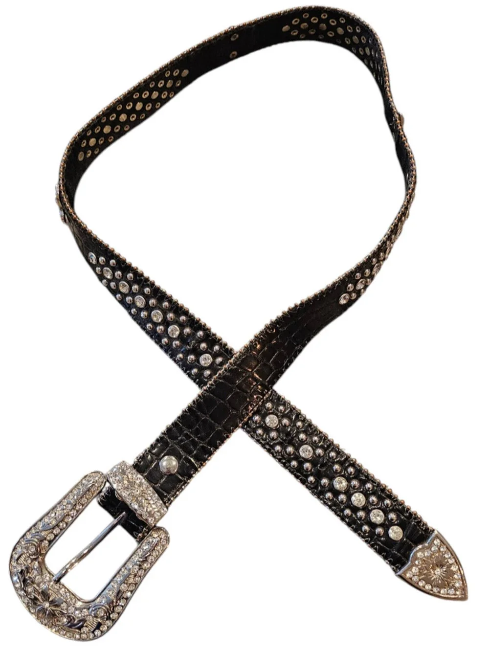 Black embossed leather western-style rhinestone studded belt Sz L/XL Y2K Bling